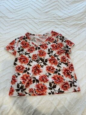 Floral V-Neck Women's Top in White with Orange-Pink Blooms